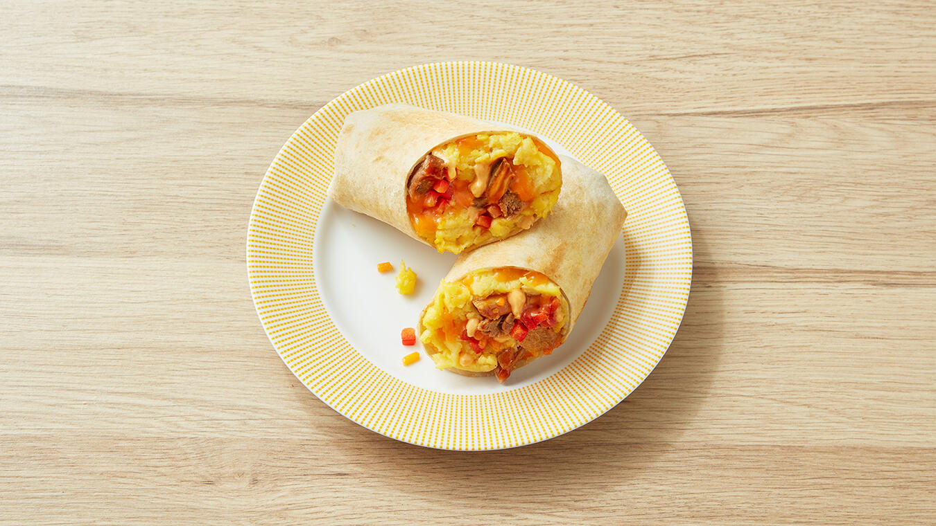 Pulled Pork Breakfast Wrap with Scrambled Eggs and Spicy Mayo Recipe